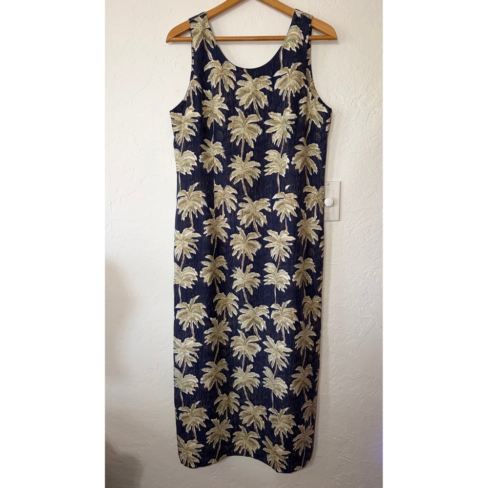 Vtg Pineapple Moon 100% Silk Palm Tree Hawaiian Maxi Dress Large Navy Resortwear